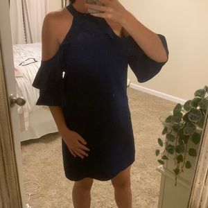 High neck off the shoulder navy dress